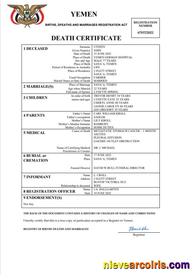 Yemen death certificate